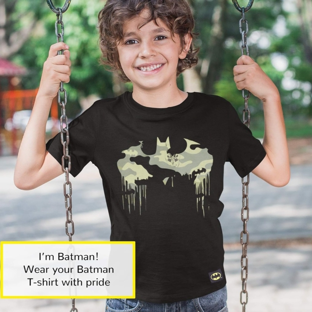 Black Batman T-Batman DC Comics Camiseta con logotipo camo sz 9/10 NWT